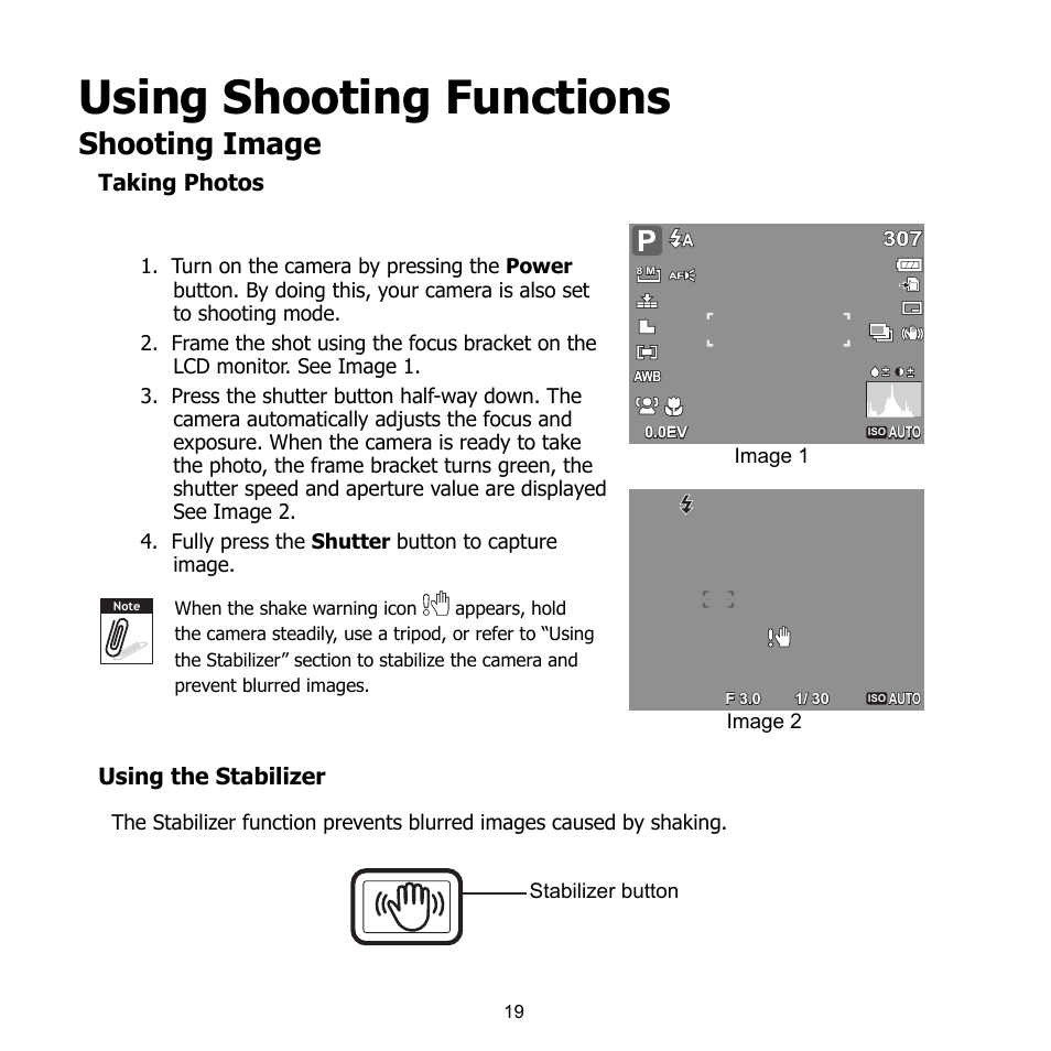 Using shooting functions, Shooting image, Taking photos | Using the stabilizer | HP CB350 User Manual | Page 30 / 81