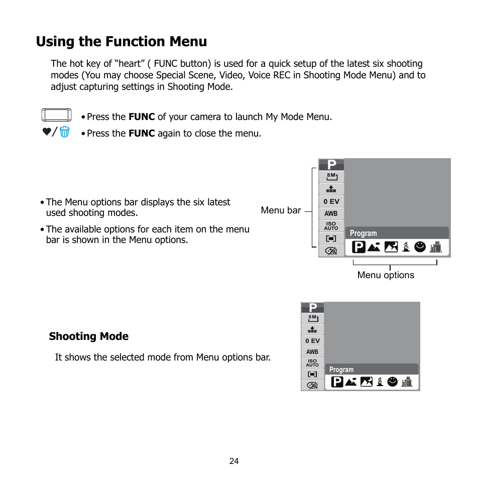 Using the function menu, Shooting mode | HP CB350 User Manual | Page 35 / 81