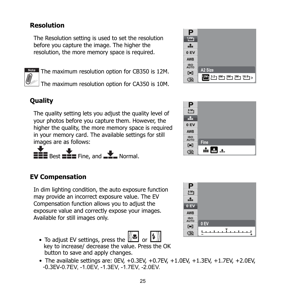 Resolution, Quality, Ev compensation | HP CB350 User Manual | Page 36 / 81