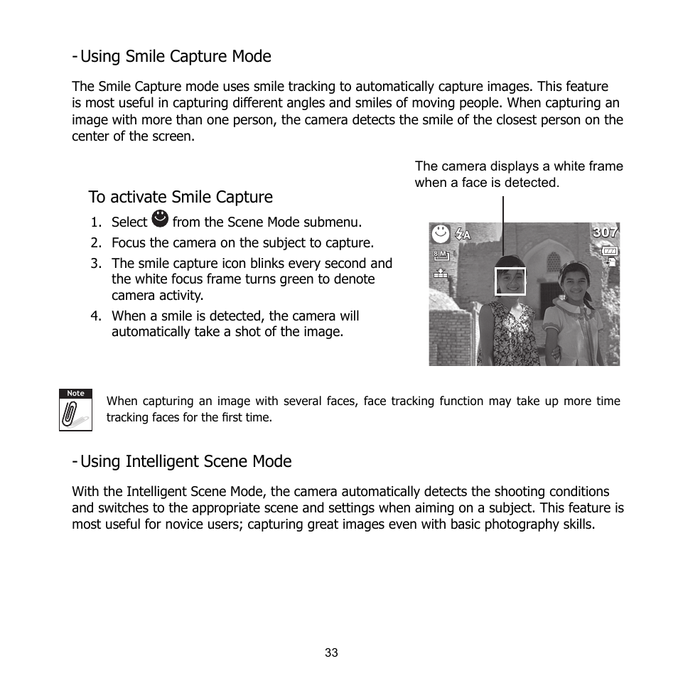Using smile capture mode, Using intelligent scene mode | HP CB350 User Manual | Page 44 / 81