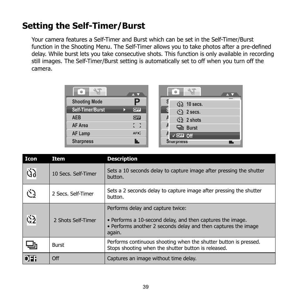 Setting the self-timer/burst | HP CB350 User Manual | Page 50 / 81