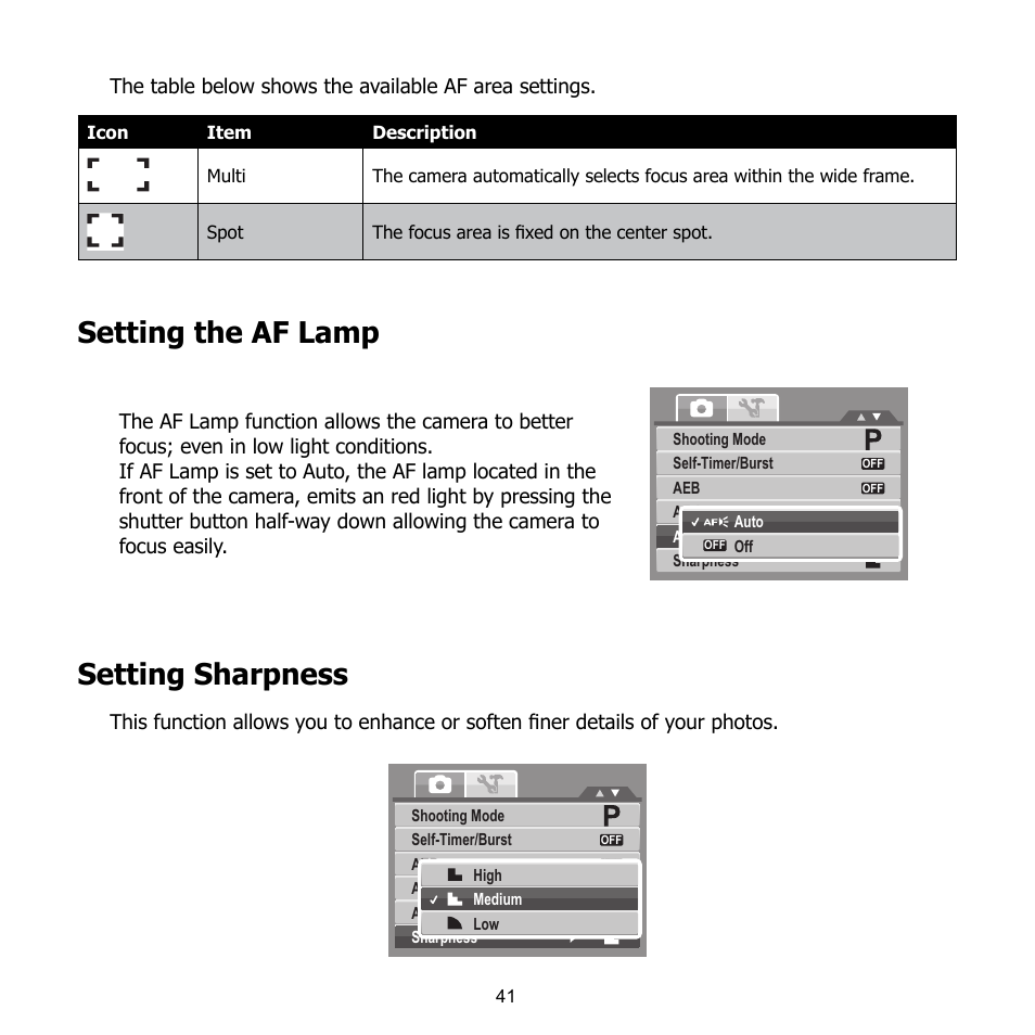 Setting the af lamp, Setting sharpness | HP CB350 User Manual | Page 52 / 81