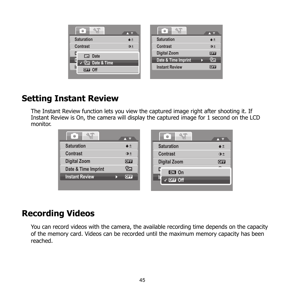 Setting instant review, Recording videos | HP CB350 User Manual | Page 56 / 81