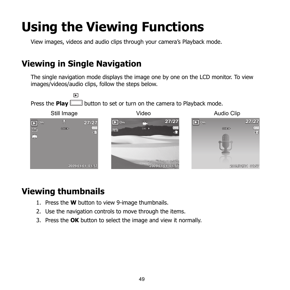 Using the viewing functions, Viewing in single navigation, Viewing thumbnails | HP CB350 User Manual | Page 60 / 81