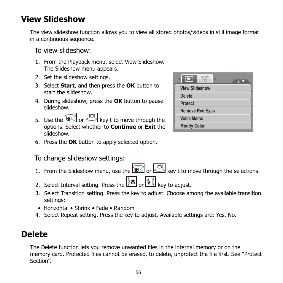 View slideshow, Delete | HP CB350 User Manual | Page 67 / 81