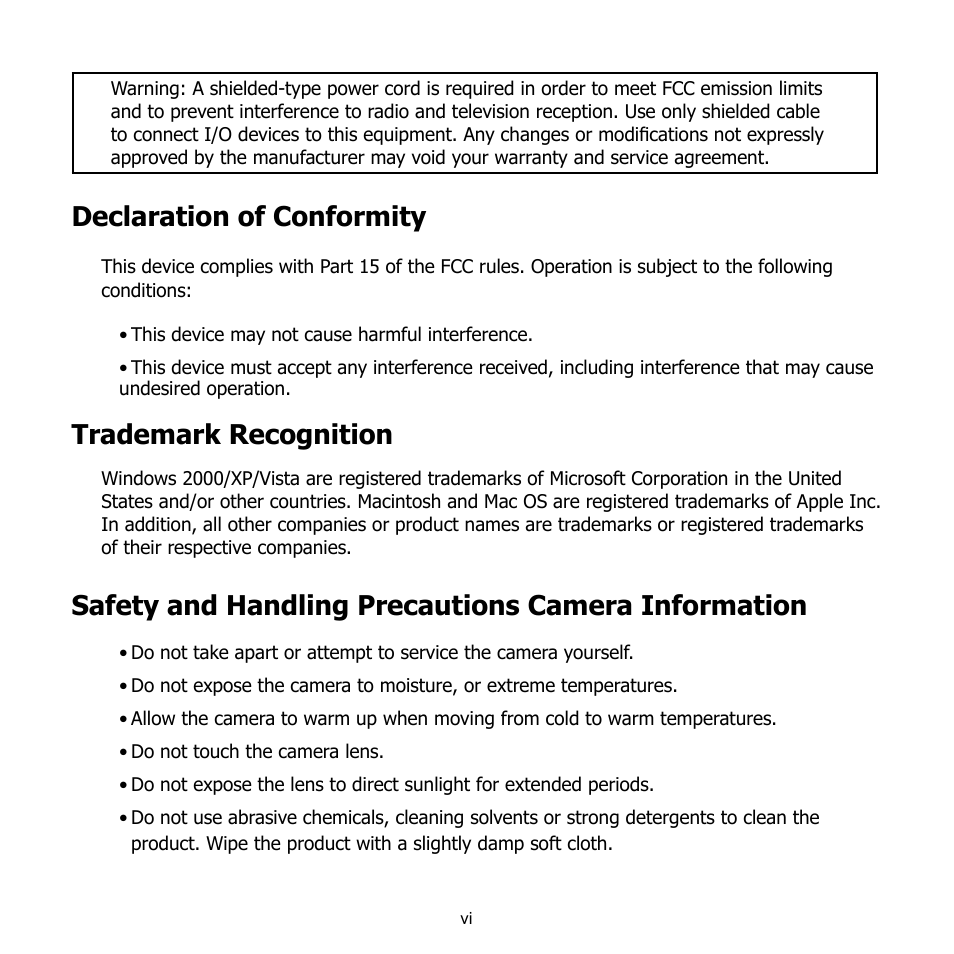 Declaration of conformity, Trademark recognition, Safety and handling precautions camera information | HP CB350 User Manual | Page 7 / 81