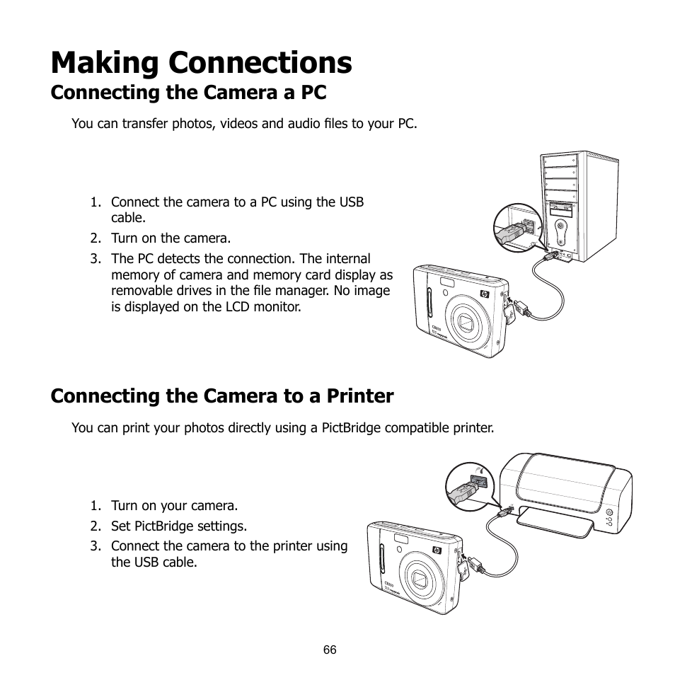 Making connections, Connecting the camera a pc, Connecting the camera to a printer | HP CB350 User Manual | Page 77 / 81