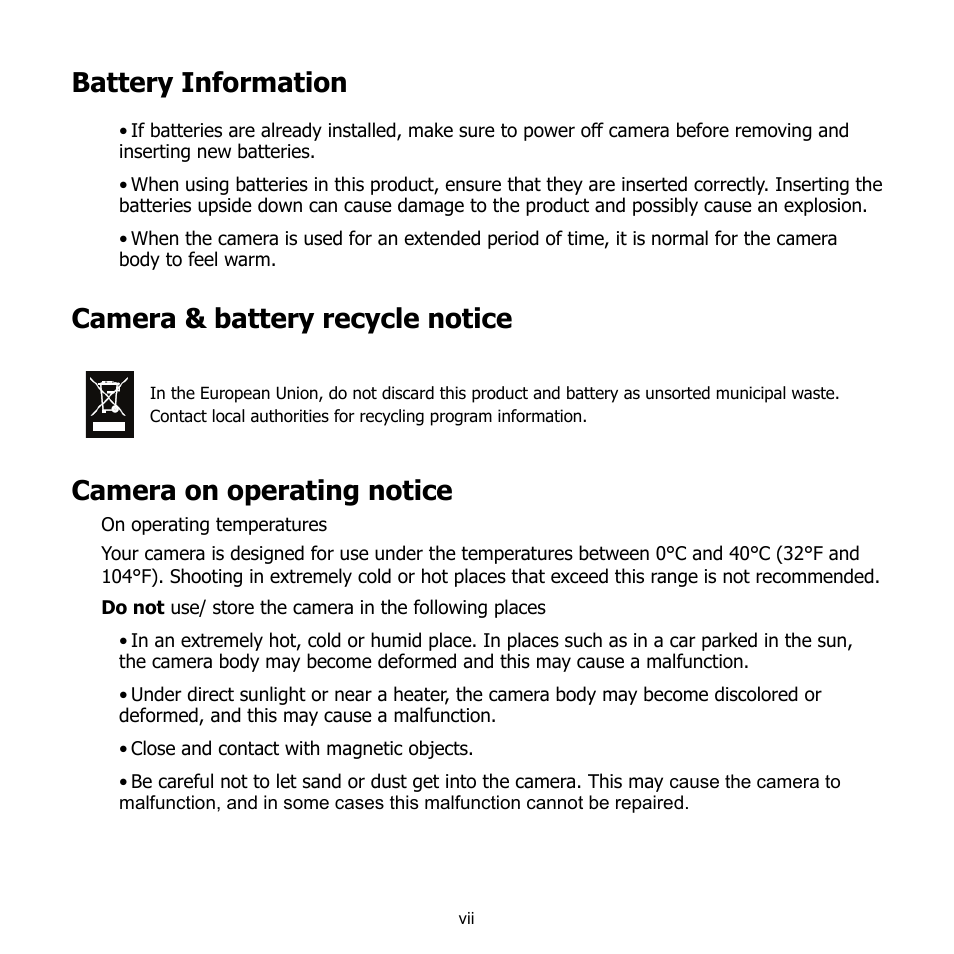 Battery information, Camera & battery recycle notice, Camera on operating notice | HP CB350 User Manual | Page 8 / 81