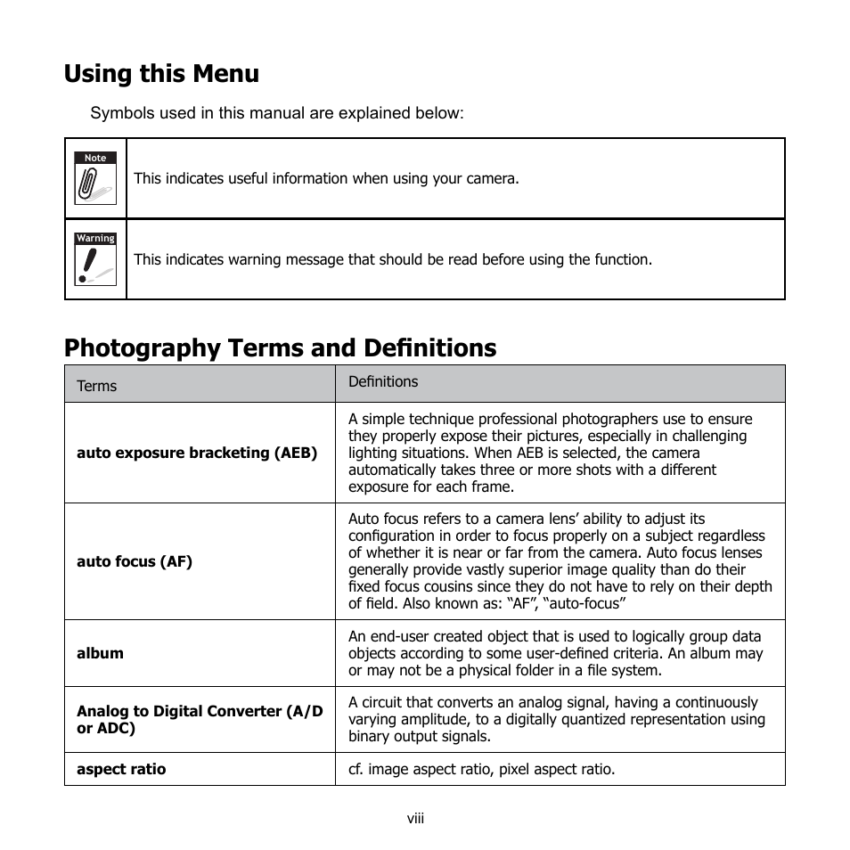 Using this menu, Photography terms and defi nitions | HP CB350 User Manual | Page 9 / 81