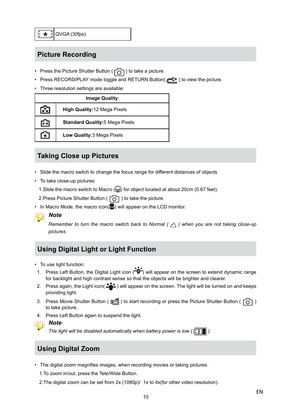 Picture recording, Taking close up pictures, Using digital light or light function | Using digital zoom | HP V5040u User Manual | Page 11 / 43