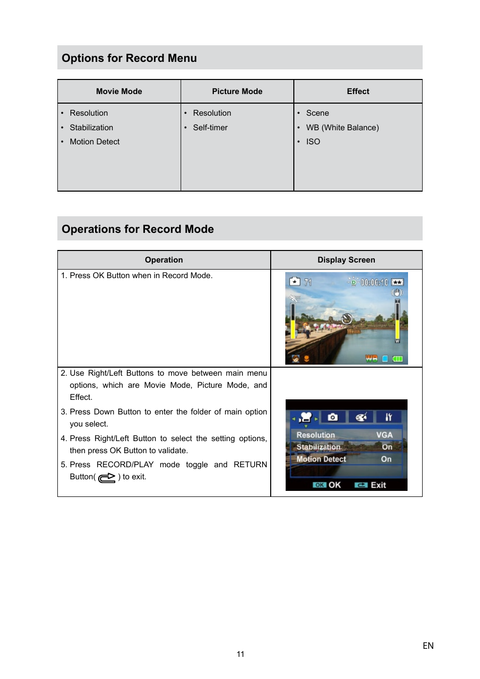 Options for record menu, Operations for record mode | HP V5040u User Manual | Page 12 / 43