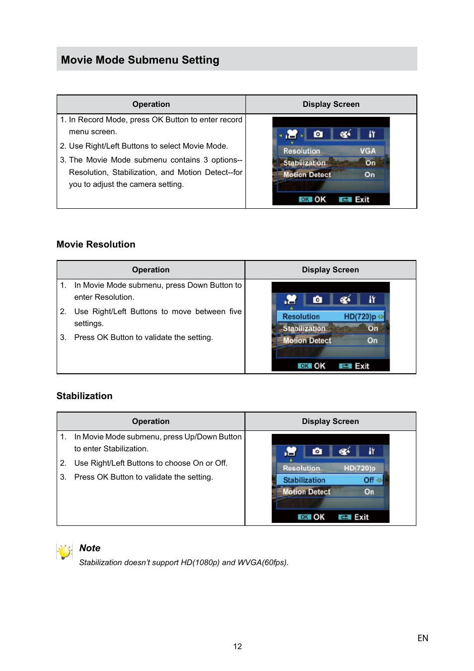 Movie mode submenu setting | HP V5040u User Manual | Page 13 / 43