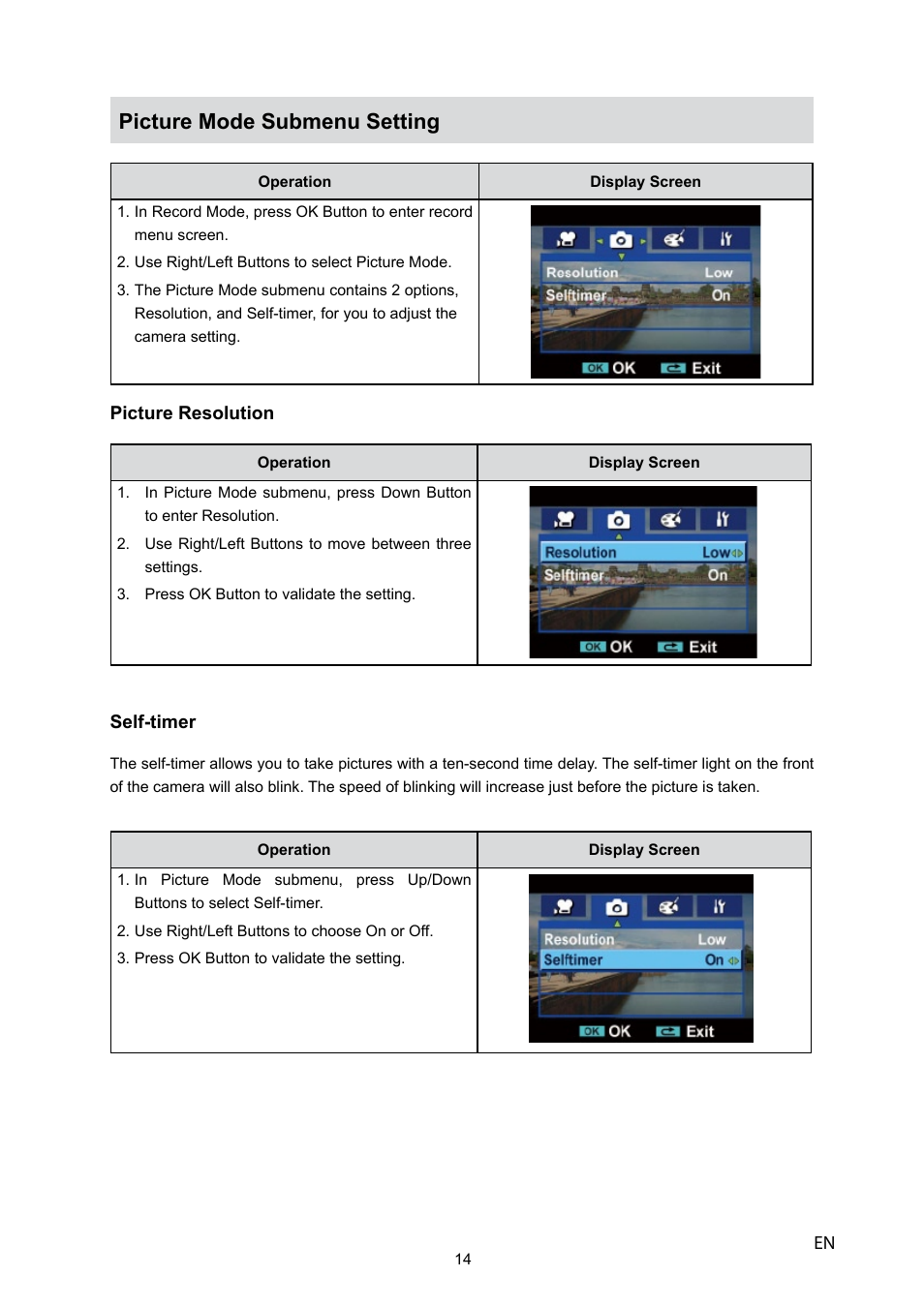 Picture mode submenu setting | HP V5040u User Manual | Page 15 / 43