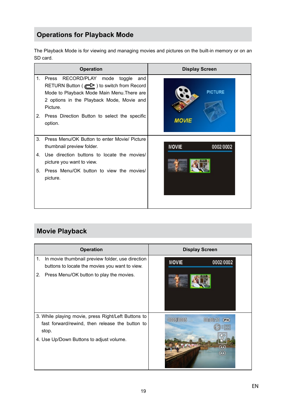 Operations for playback mode, Movie playback | HP V5040u User Manual | Page 20 / 43