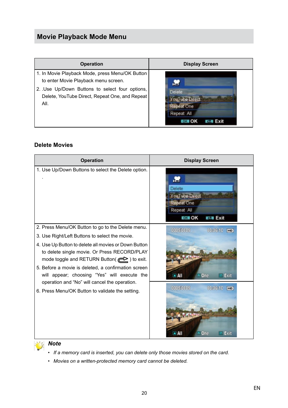 Movie playback mode menu | HP V5040u User Manual | Page 21 / 43