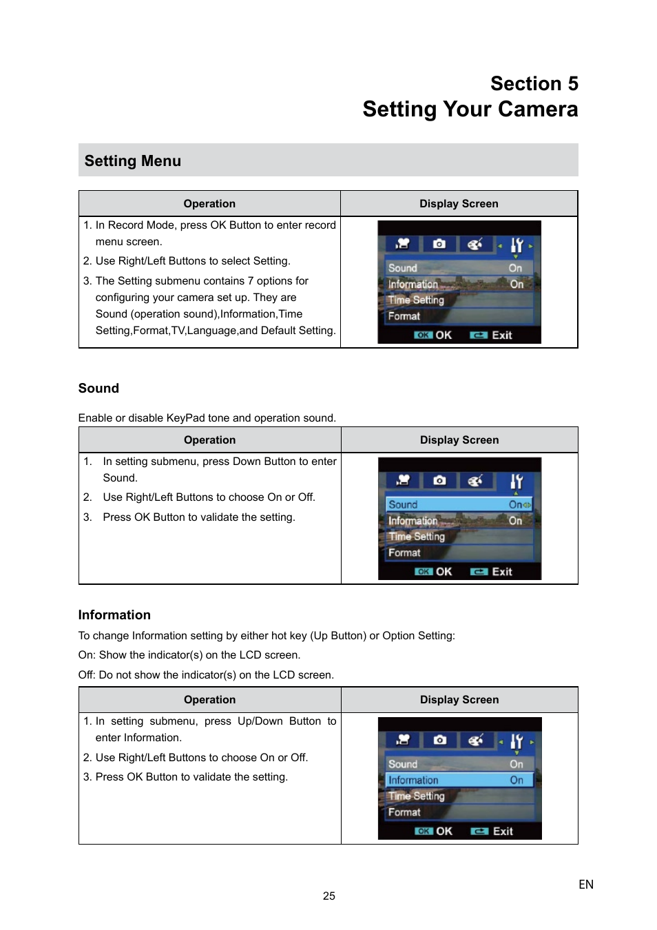 Setting your camera, Setting menu | HP V5040u User Manual | Page 26 / 43