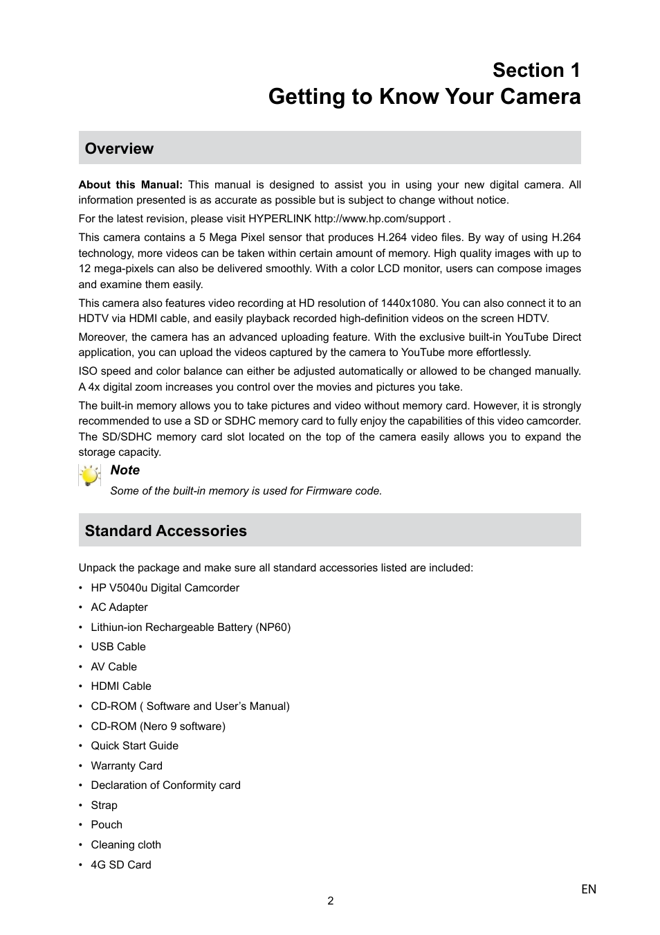 Getting to know your camera, Overview, Standard accessories | HP V5040u User Manual | Page 3 / 43