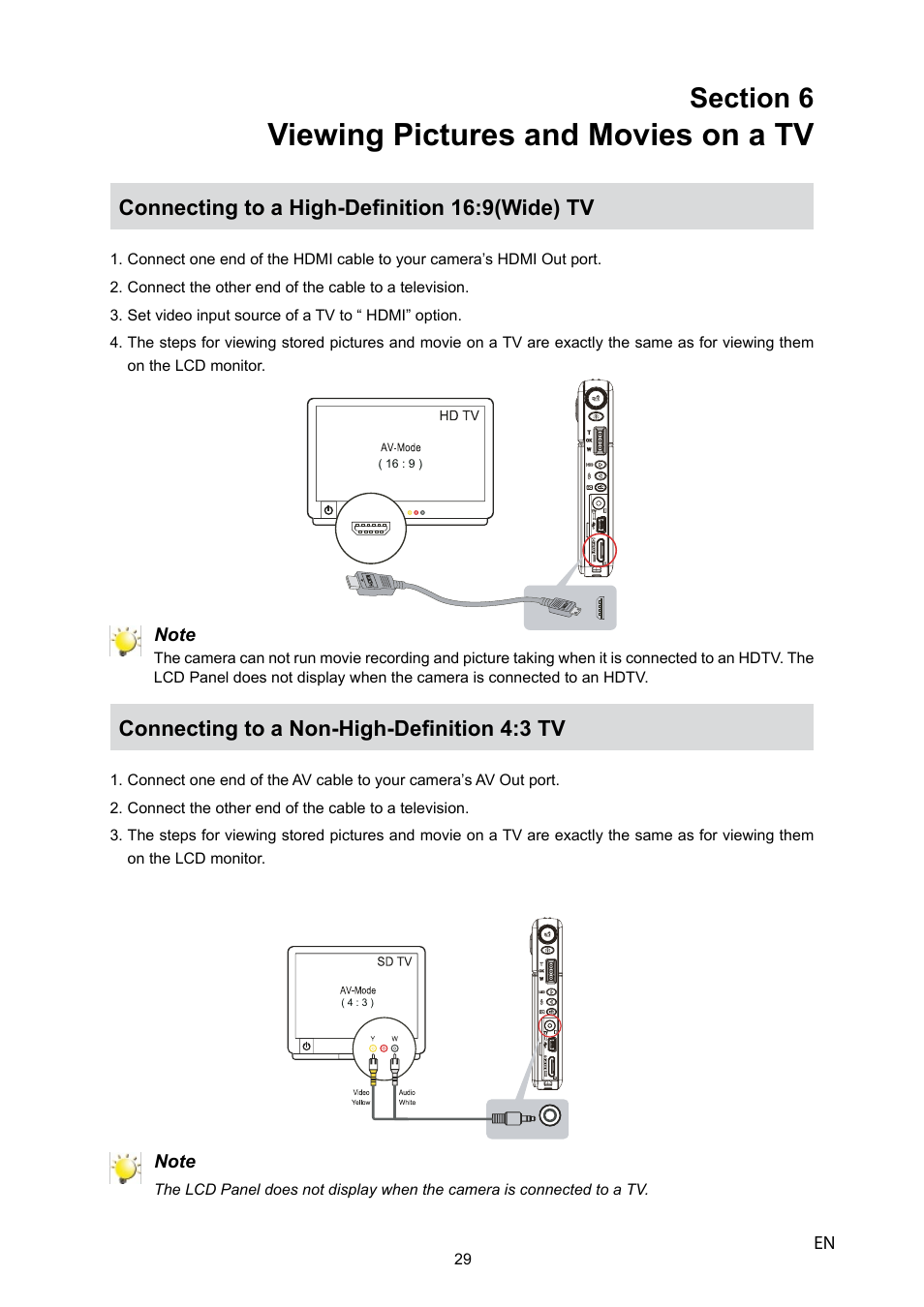 Viewing pictures and movies on a tv, Connecting to a high-definition 16:9(wide) tv, Connecting to a non-high-definition 4:3 tv | HP V5040u User Manual | Page 30 / 43