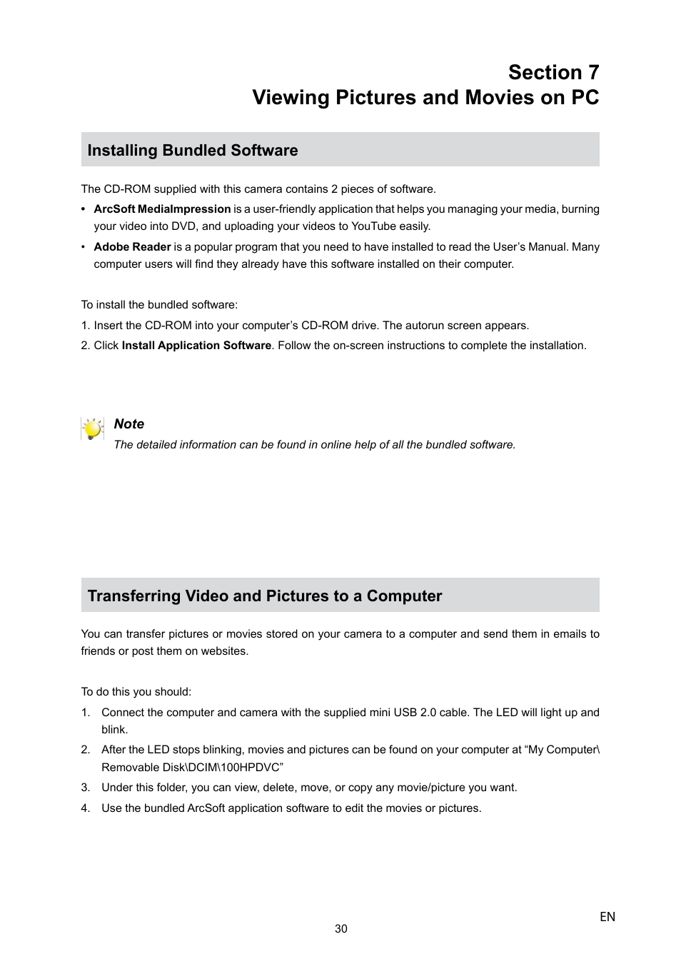 Installing bundled software, Transferring video and pictures to a computer | HP V5040u User Manual | Page 31 / 43