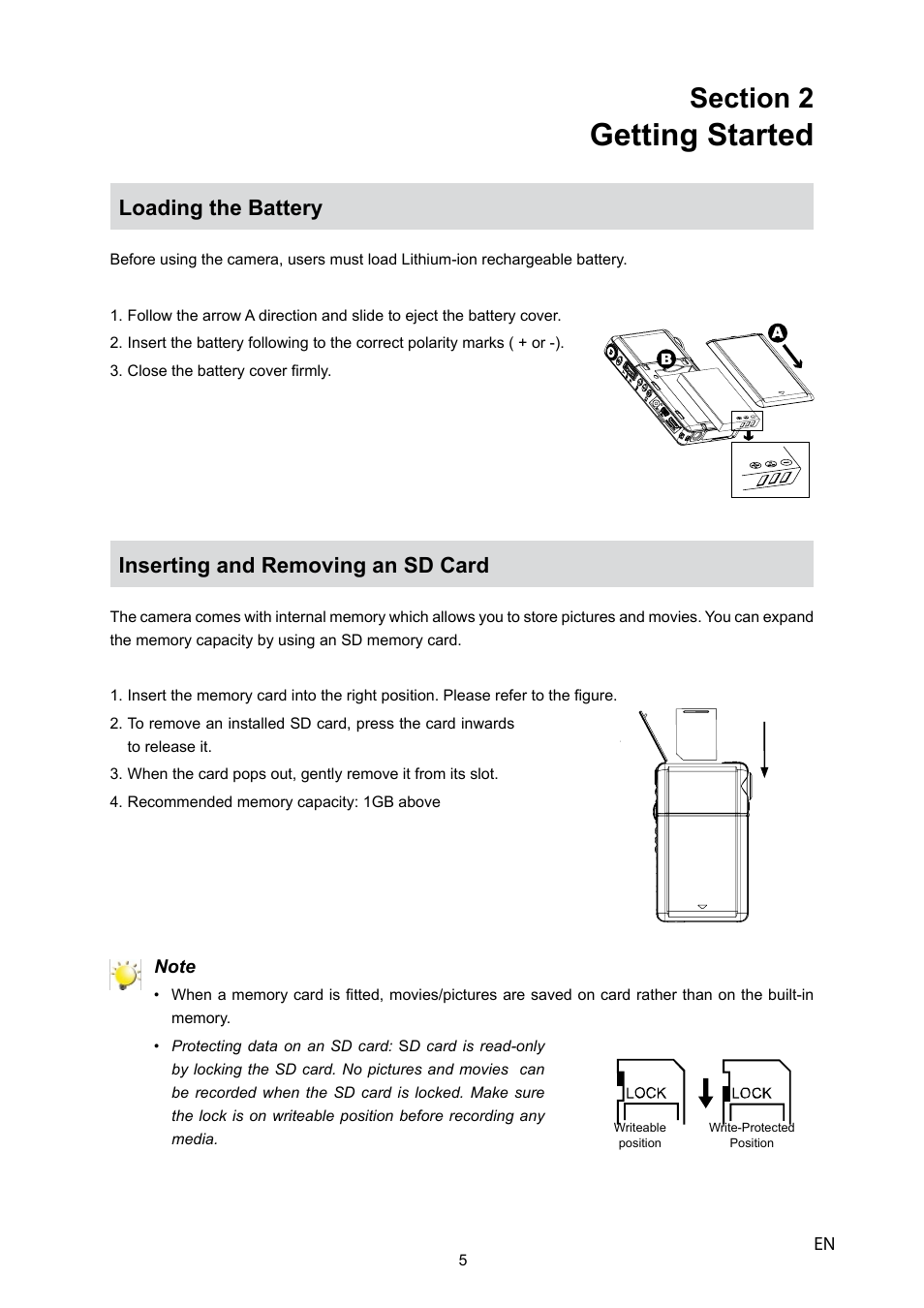 Getting started, Loading the battery, Inserting and removing an sd card | HP V5040u User Manual | Page 6 / 43