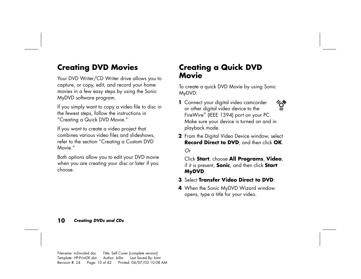 Creating dvd movies, Creating a quick dvd movie | HP Pavilion Home PC User Manual | Page 14 / 42