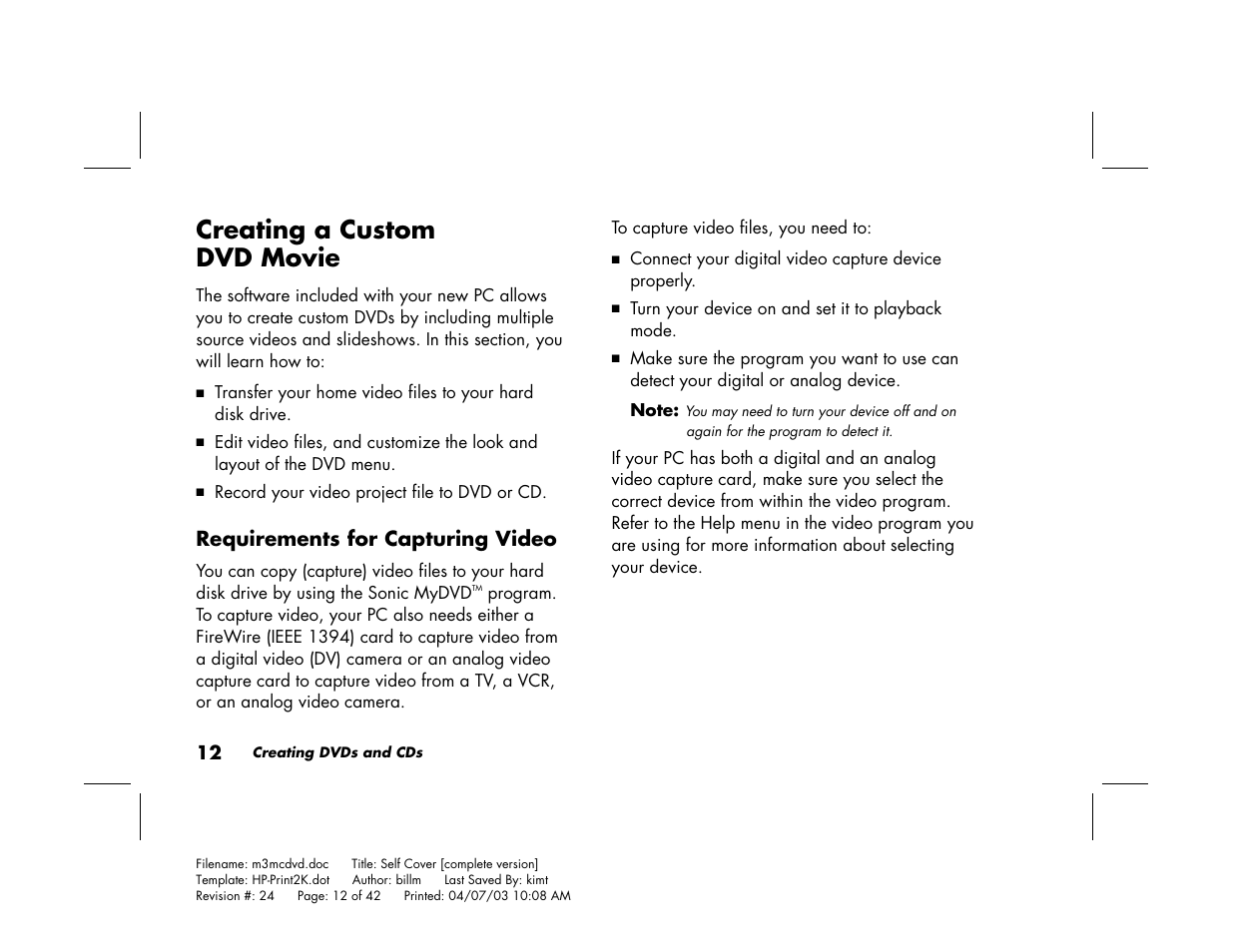 Creating a custom dvd movie, Requirements for capturing video | HP Pavilion Home PC User Manual | Page 16 / 42