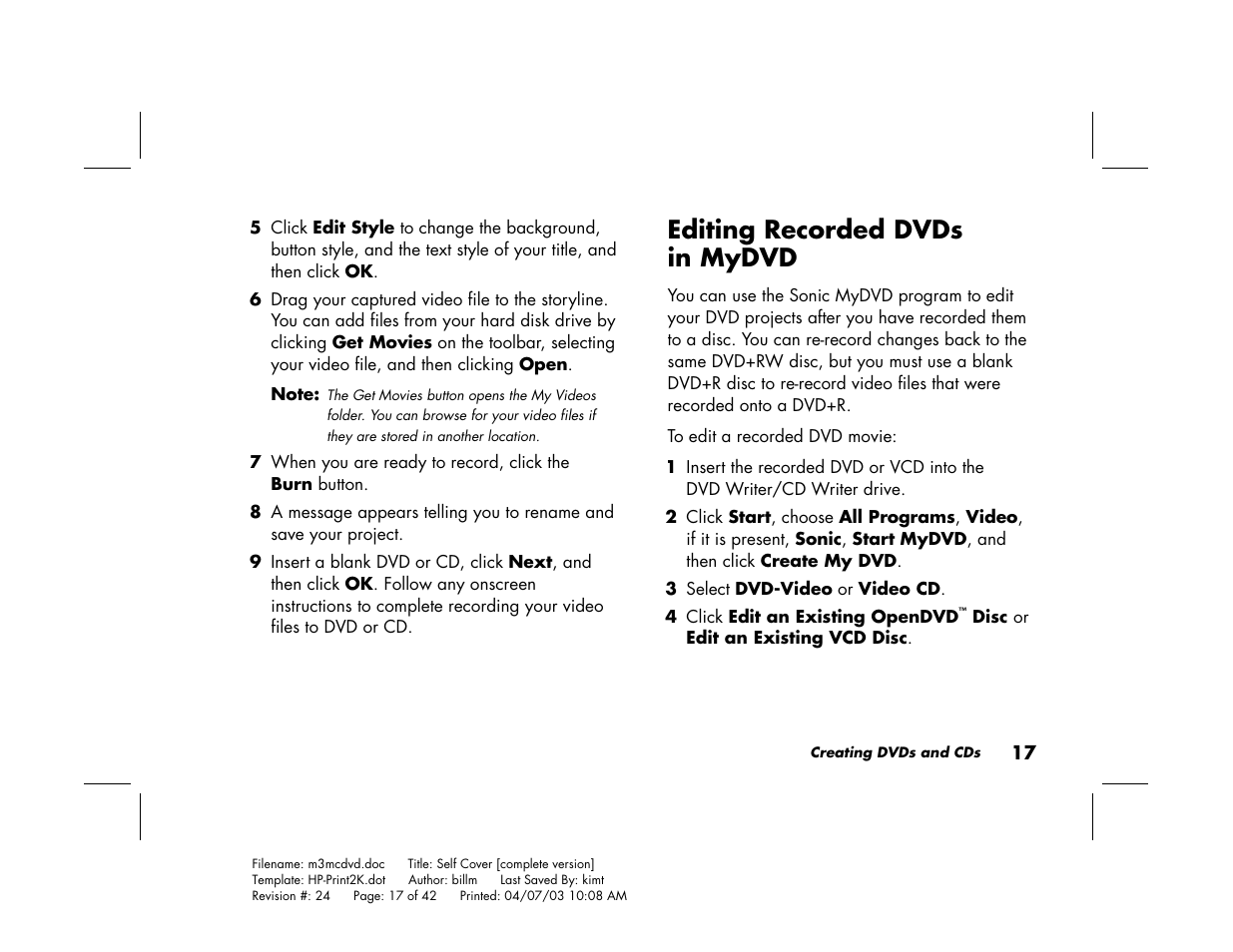 Editing recorded dvds in mydvd | HP Pavilion Home PC User Manual | Page 21 / 42