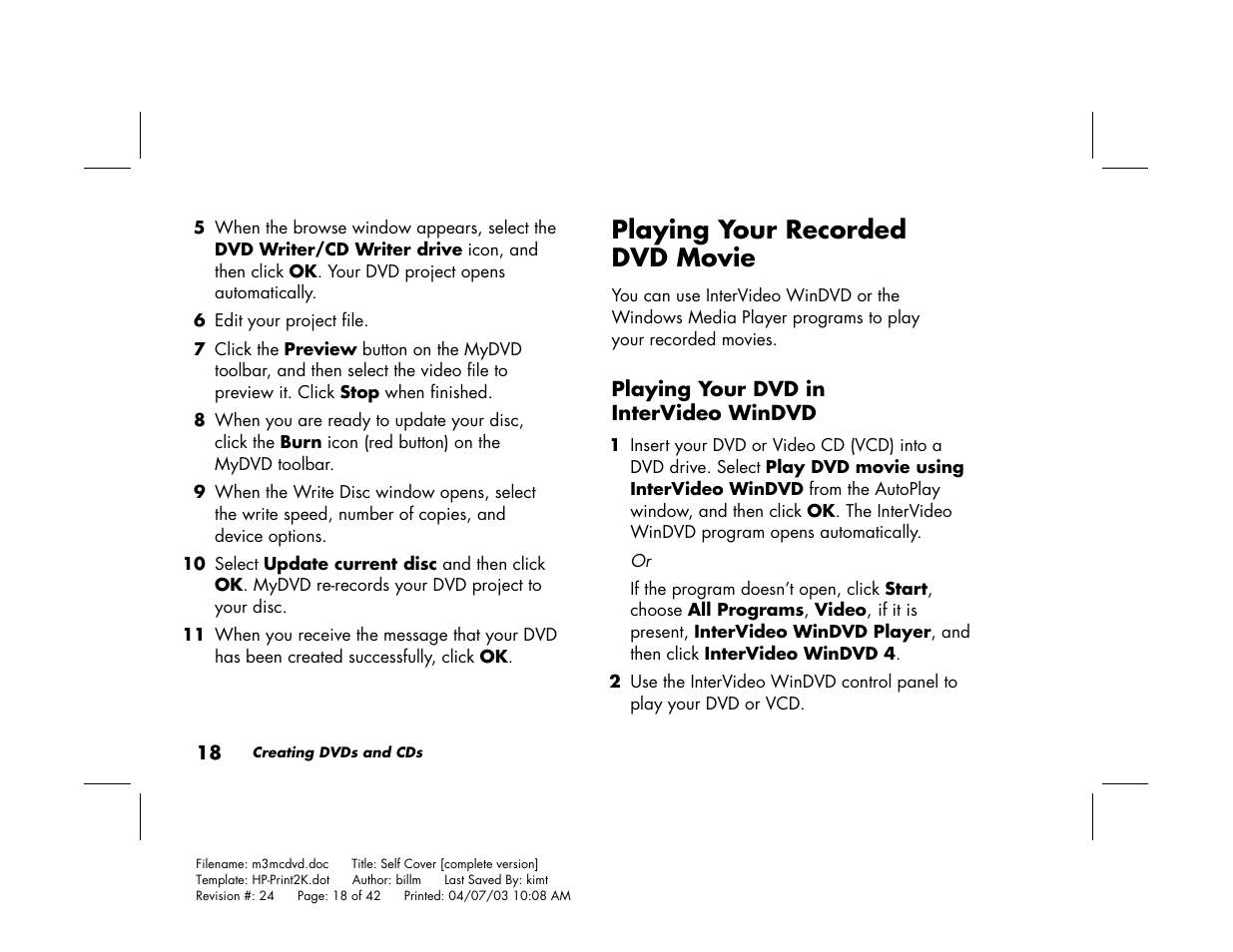 Playing your recorded dvd movie | HP Pavilion Home PC User Manual | Page 22 / 42