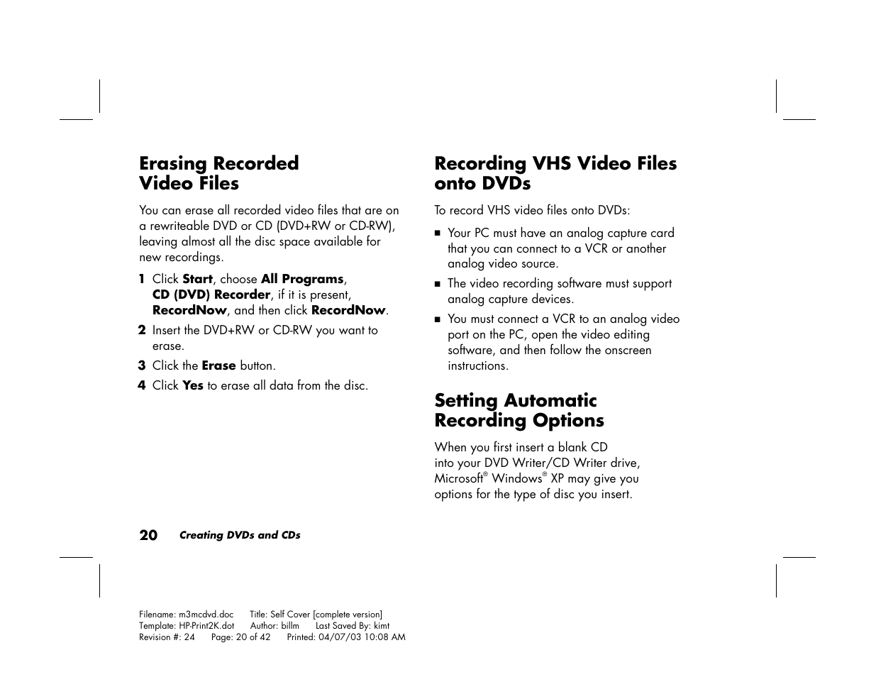 Erasing recorded video files, Recording vhs video files onto dvds, Setting automatic recording options | HP Pavilion Home PC User Manual | Page 24 / 42