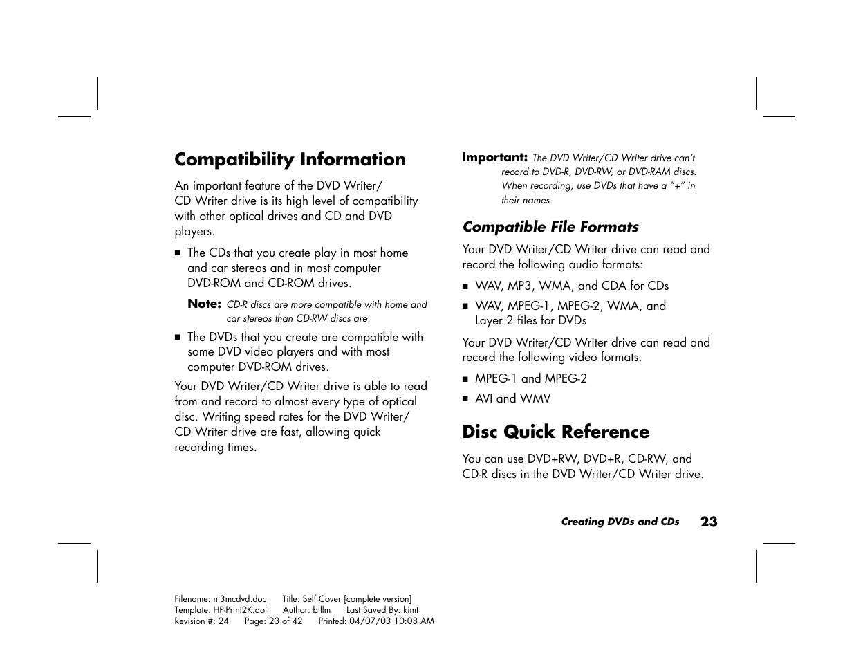 Compatibility information, Disc quick reference | HP Pavilion Home PC User Manual | Page 27 / 42