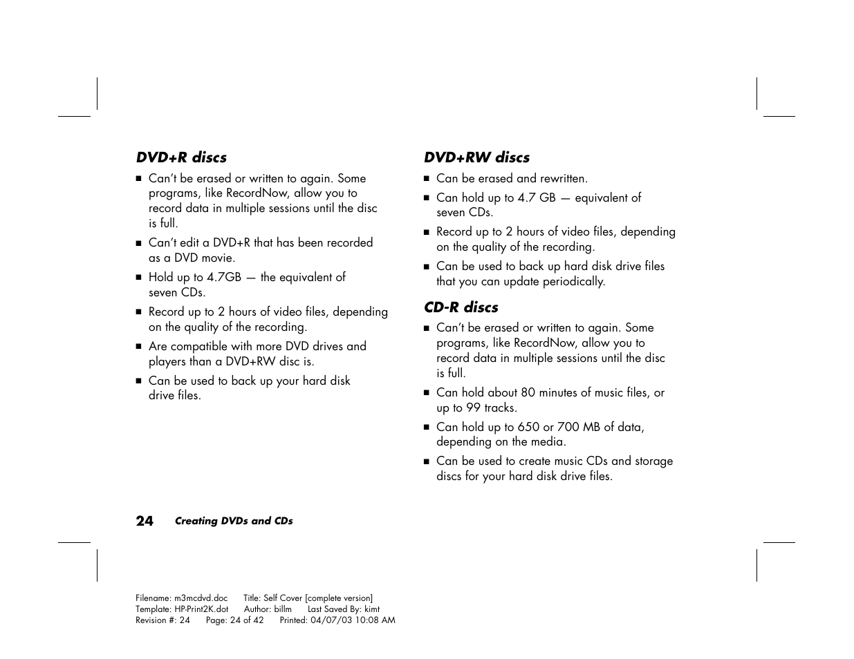 Dvd+r discs, Dvd+rw discs, Cd-r discs | HP Pavilion Home PC User Manual | Page 28 / 42