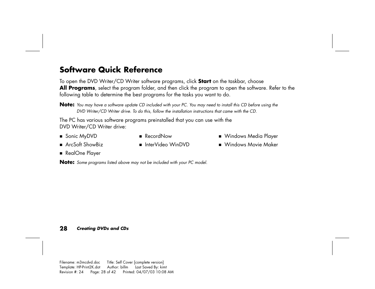 Software quick reference | HP Pavilion Home PC User Manual | Page 32 / 42