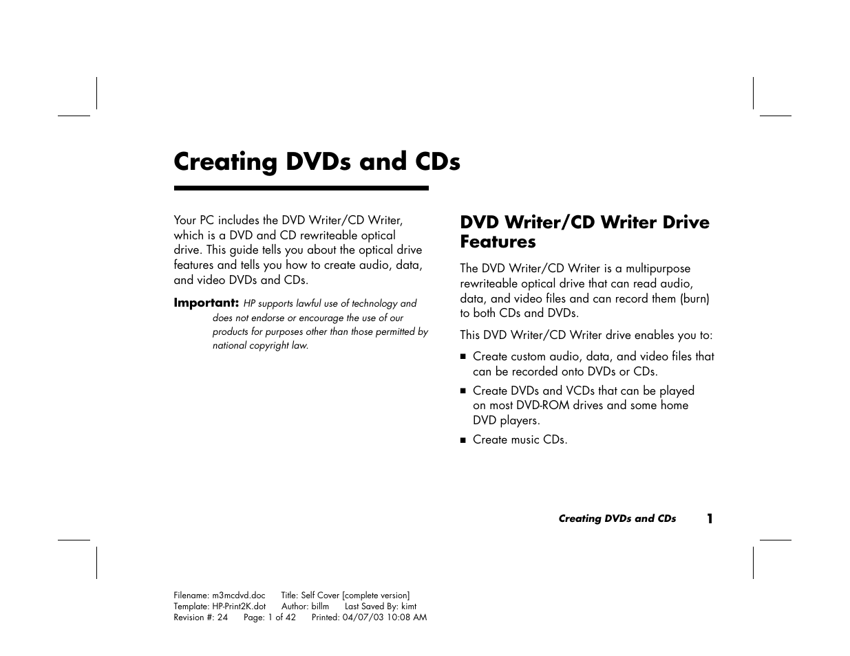 Creating dvds and cds, Dvd writer/cd writer drive features | HP Pavilion Home PC User Manual | Page 5 / 42