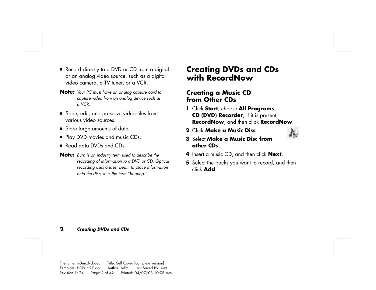 Creating dvds and cds with recordnow | HP Pavilion Home PC User Manual | Page 6 / 42