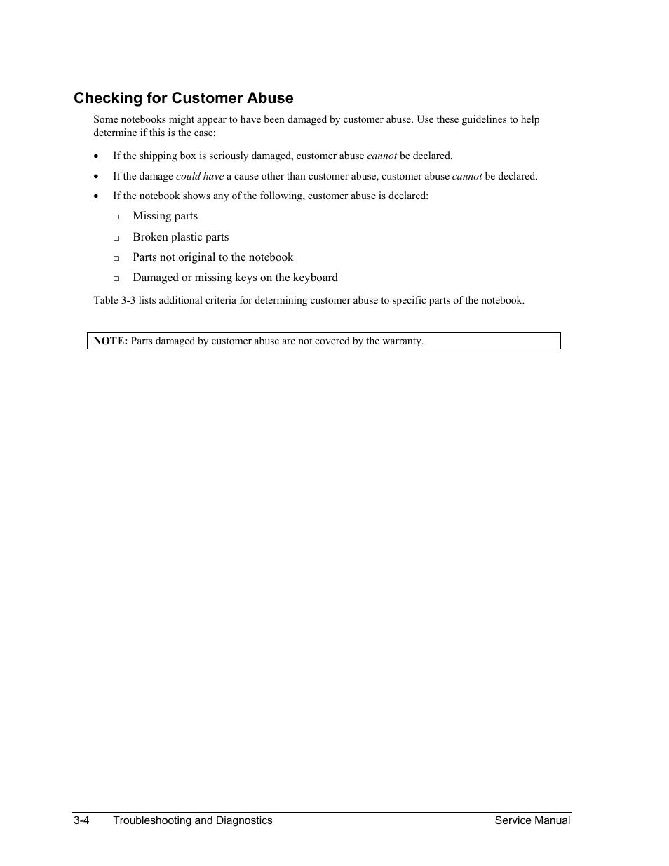 Checking for customer abuse, Missing parts, Broken plastic parts | Damaged or missing keys on the keyboard | HP PAVILION NX9005 User Manual | Page 101 / 153