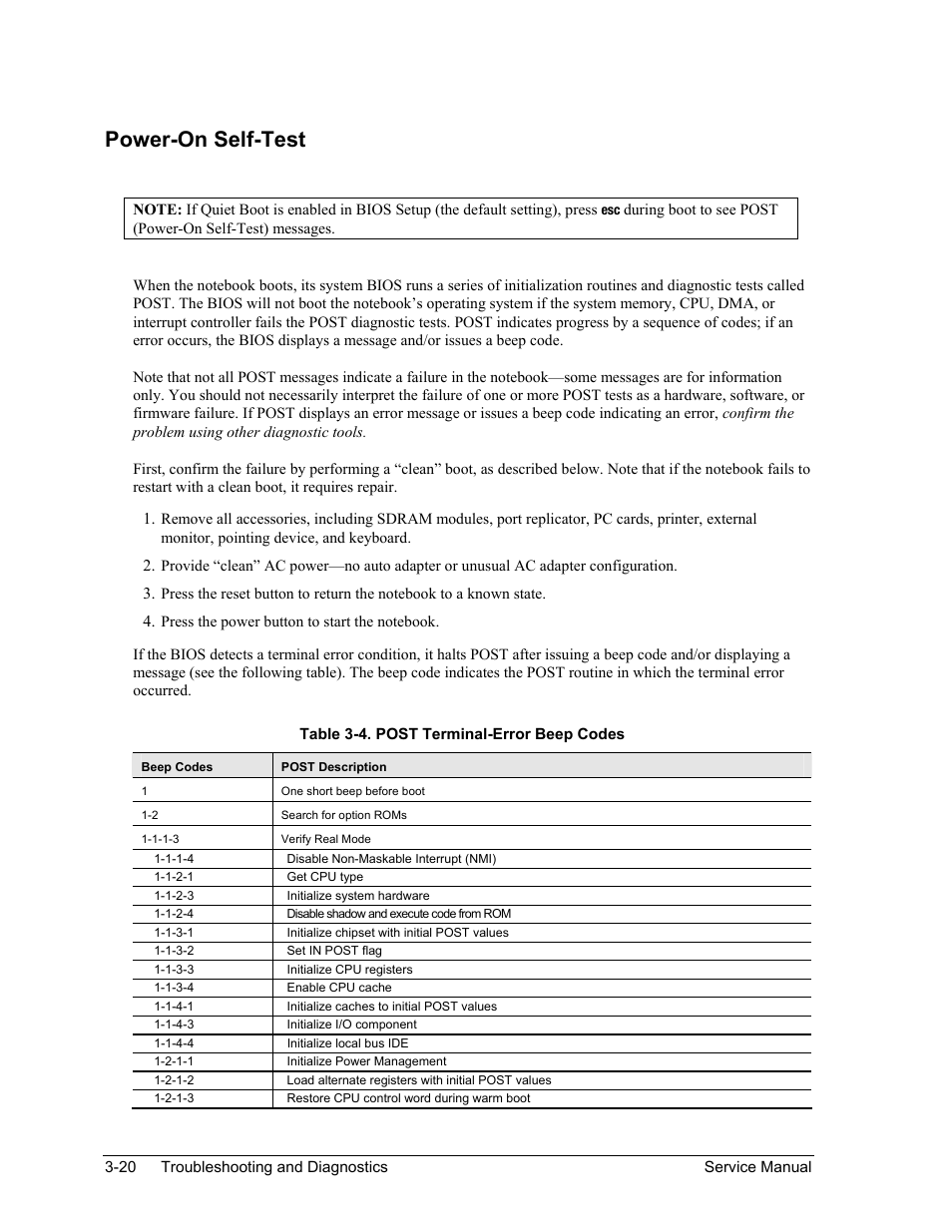 Table 3-4. post terminal-error beep codes -20, Power-on self-test | HP PAVILION NX9005 User Manual | Page 117 / 153