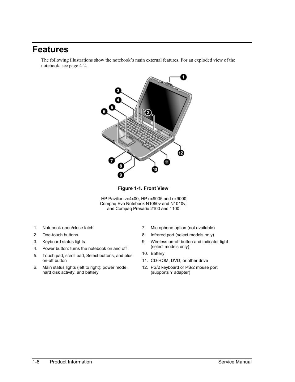 Features, Features -8, Figure 1-1. front view -8 | HP PAVILION NX9005 User Manual | Page 15 / 153