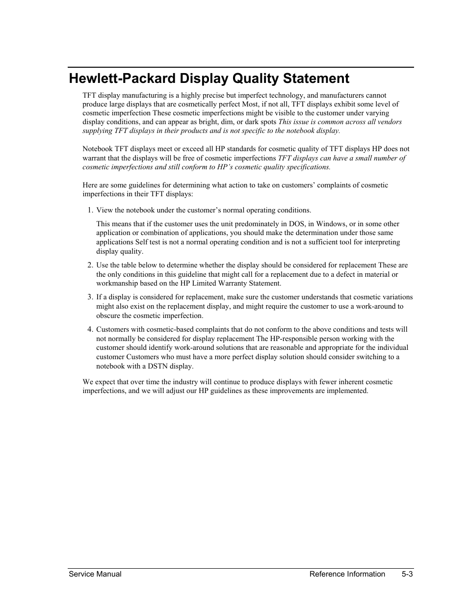 Hewlett-packard display quality statement, Service notes and obsolete parts -5 | HP PAVILION NX9005 User Manual | Page 151 / 153