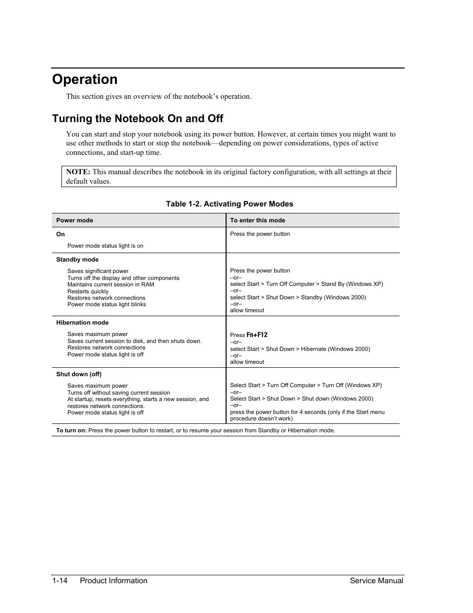 Operation, Operation -14, Table 1-2. activating power modes -14 | HP PAVILION NX9005 User Manual | Page 21 / 153