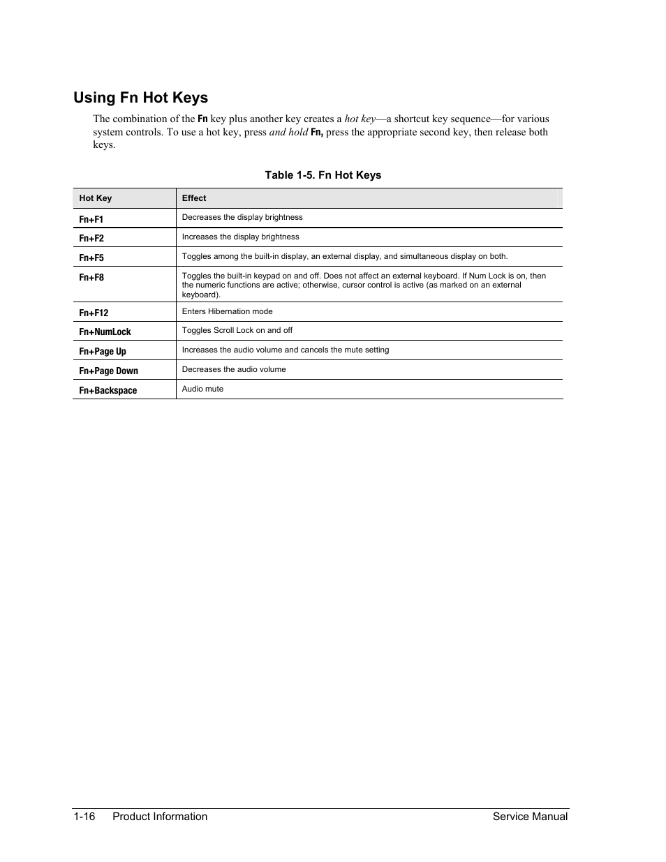 Table 1-5. fn hot keys -16, Using fn hot keys | HP PAVILION NX9005 User Manual | Page 23 / 153