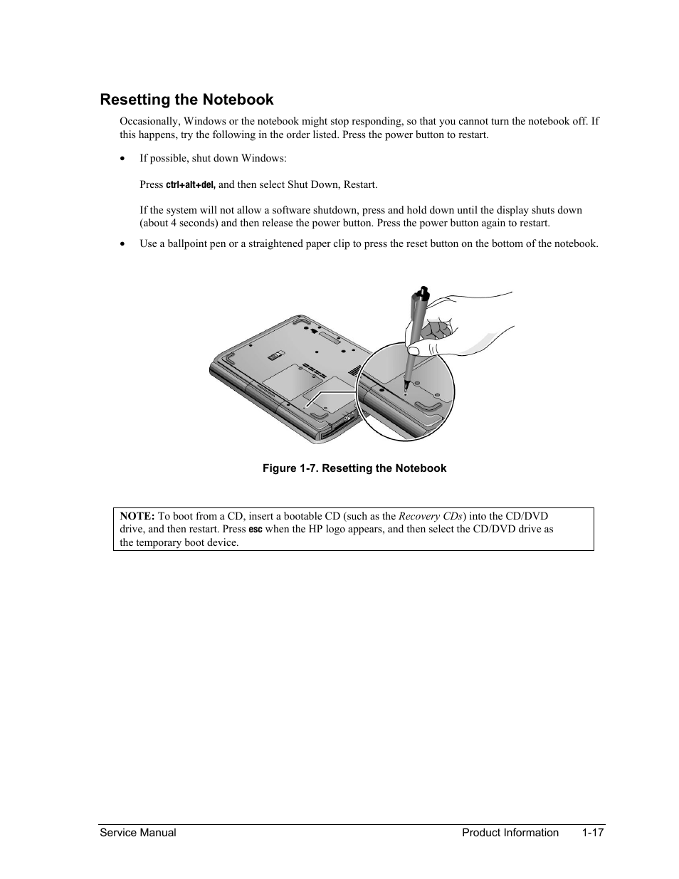 Figure 1-7. resetting the notebook -17 | HP PAVILION NX9005 User Manual | Page 24 / 153
