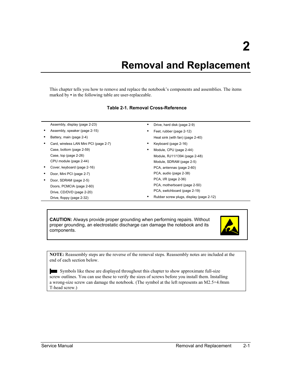 Removal and replacement, Removal and replacement -1, Table 2-1. removal cross-reference -1 | HP PAVILION NX9005 User Manual | Page 34 / 153