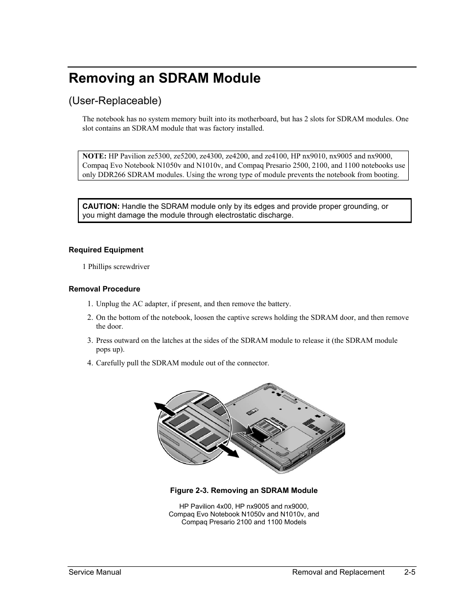 Removing an sdram module, Removing an sdram module -5, Figure 2-3. removing an sdram module -5 | User-replaceable) | HP PAVILION NX9005 User Manual | Page 38 / 153