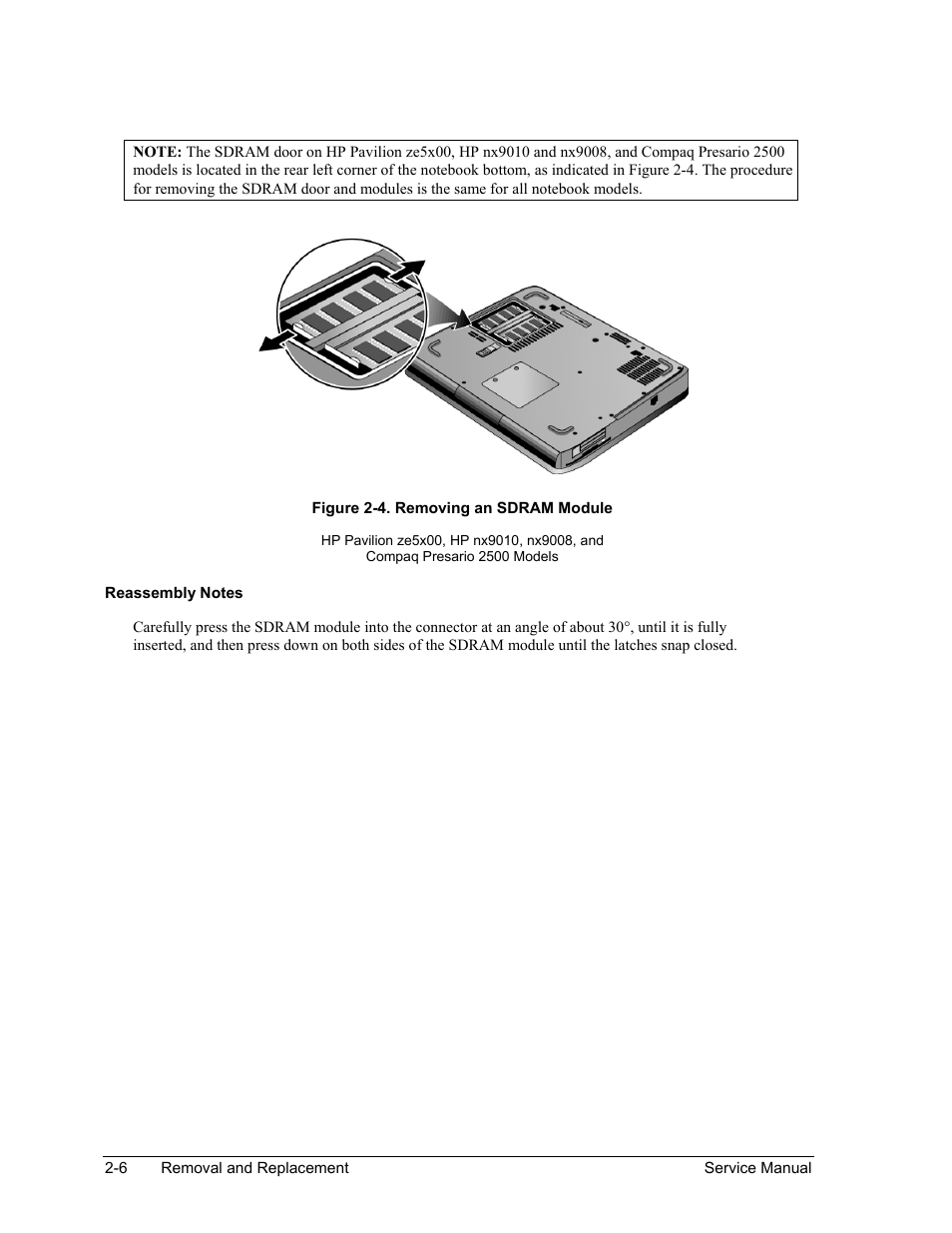 Figure 2-4. removing an sdram module -6 | HP PAVILION NX9005 User Manual | Page 39 / 153