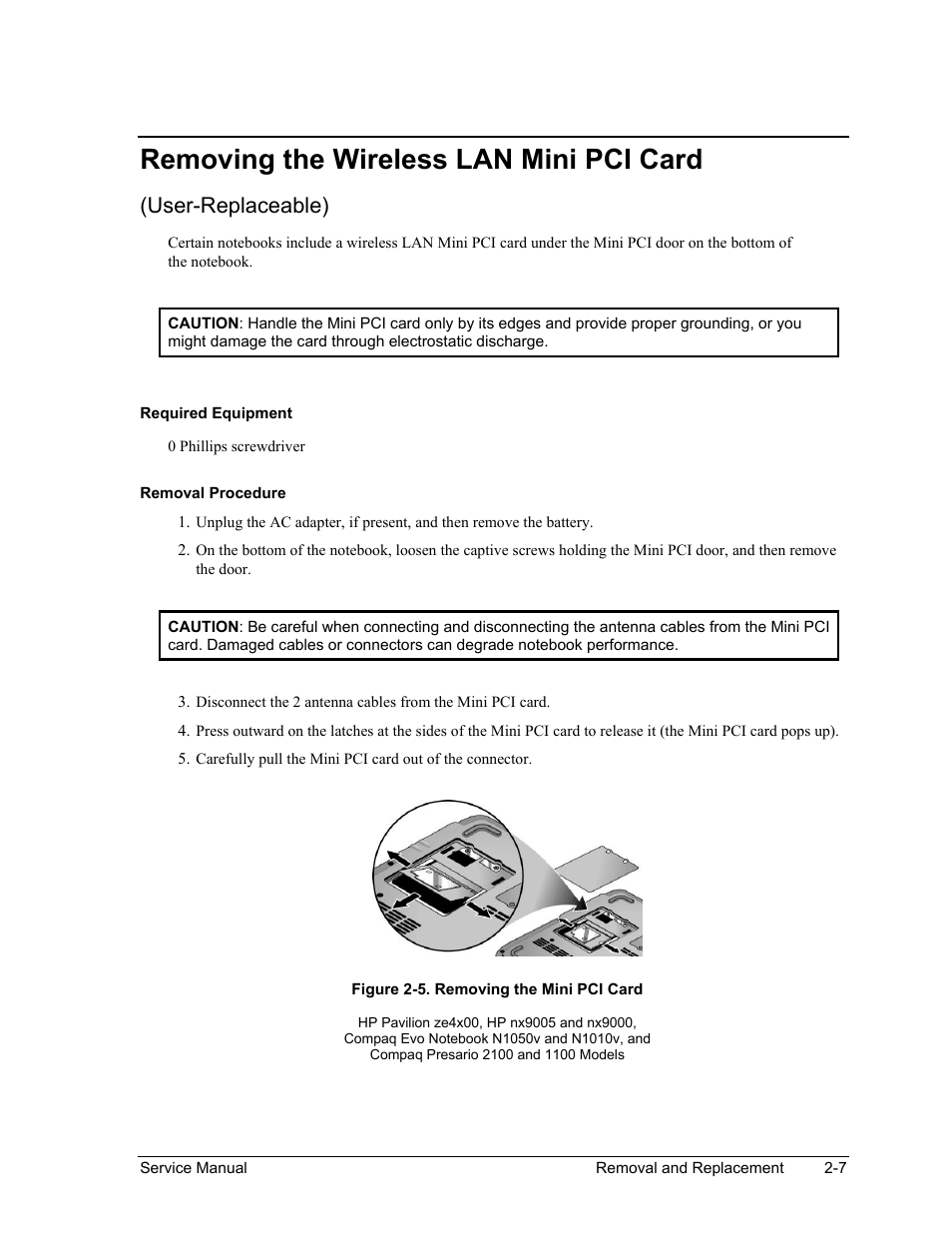 Removing the wireless lan mini pci card, Removing the wireless lan mini pci card -7, Figure 2-5. removing the mini pci card -7 | User-replaceable) | HP PAVILION NX9005 User Manual | Page 40 / 153