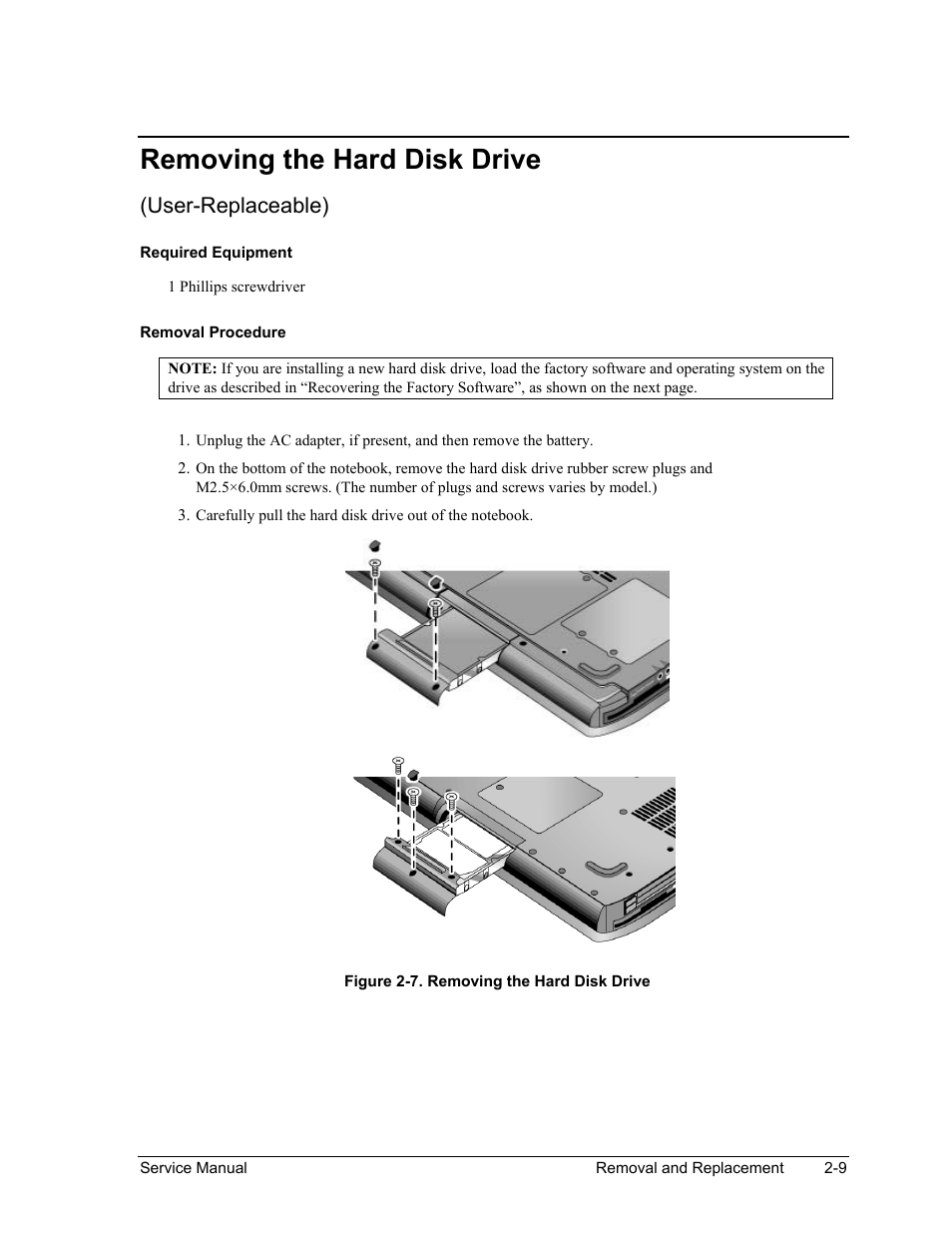 Removing the hard disk drive, Removing the hard disk drive -9, Figure 2-7. removing the hard disk drive -9 | User-replaceable) | HP PAVILION NX9005 User Manual | Page 42 / 153