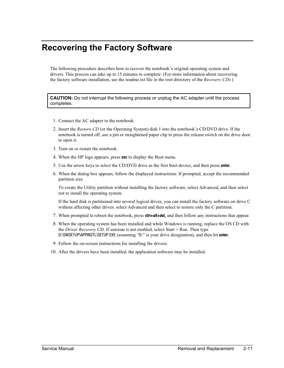 Recovering the factory software, Recovering the factory software -11 | HP PAVILION NX9005 User Manual | Page 44 / 153