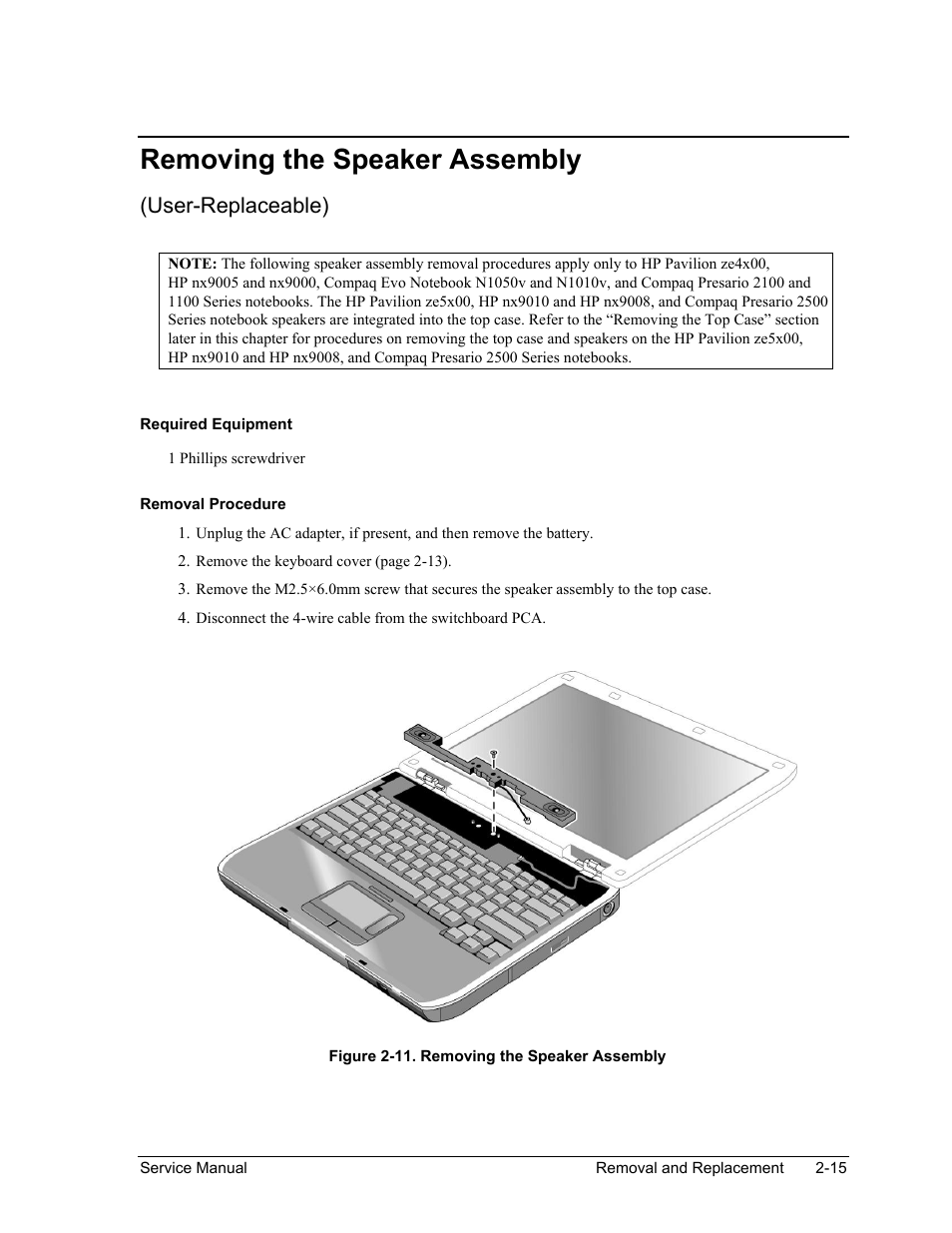 Removing the speaker assembly, Removing the speaker assembly -15, Figure 2-11. removing the speaker assembly -15 | User-replaceable) | HP PAVILION NX9005 User Manual | Page 48 / 153