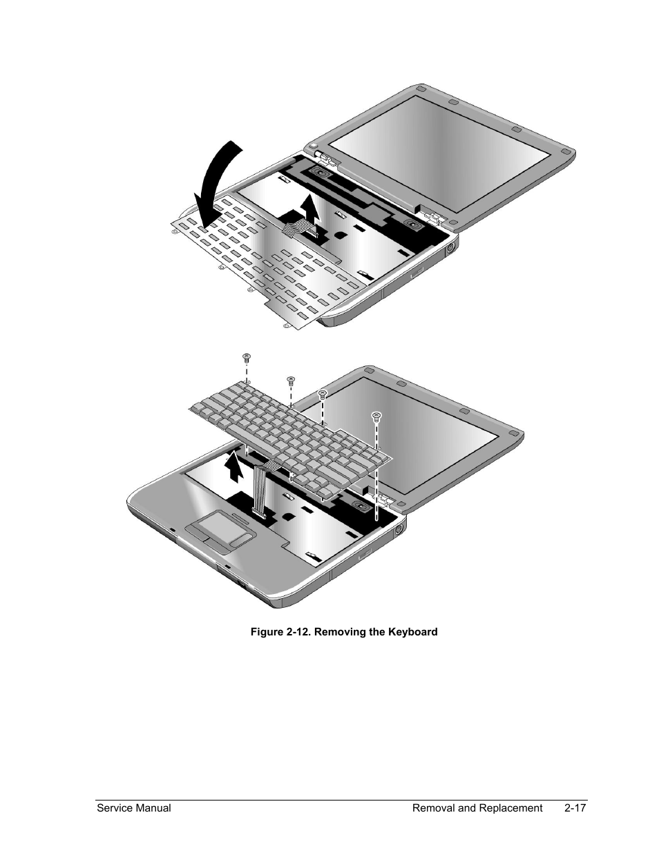 Figure 2-12. removing the keyboard -17 | HP PAVILION NX9005 User Manual | Page 50 / 153