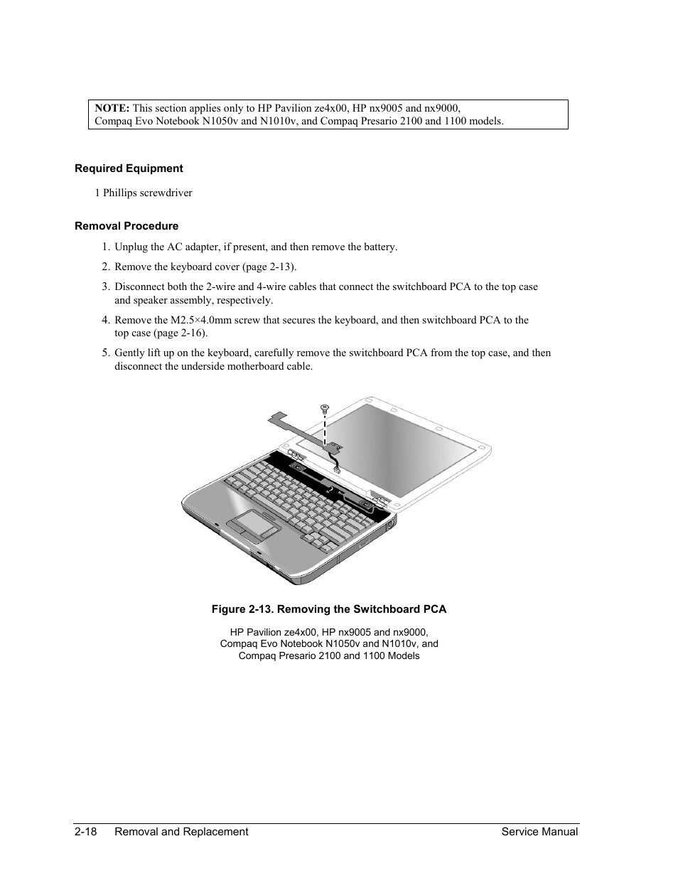 Figure 2-13. removing the switchboard pca -18 | HP PAVILION NX9005 User Manual | Page 51 / 153